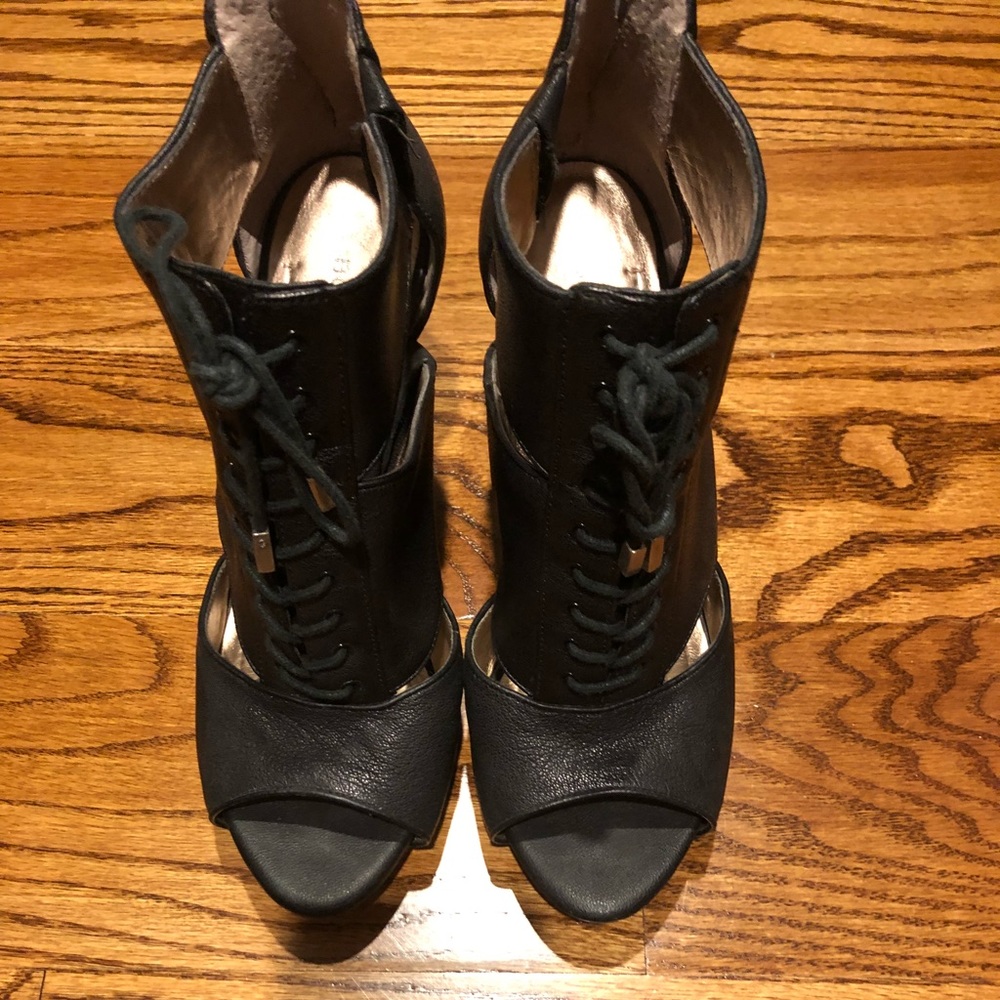 Bcbg lace up peep toe heels